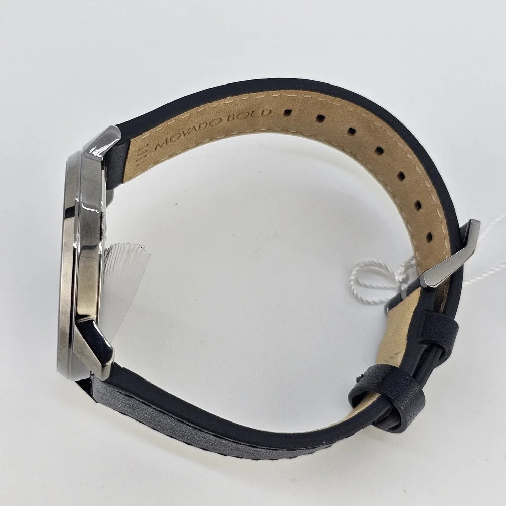 Movado Bold Men's Watch 42MM Gray Dial Dark Blue Leather Bands New Battery